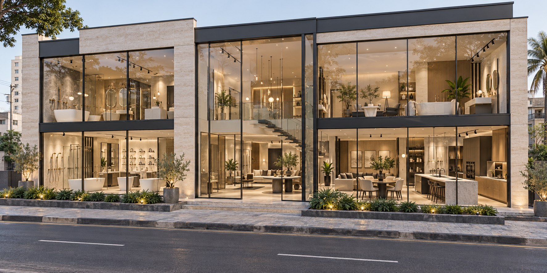Two-story contemporary showroom with bathroom and kitchen displays