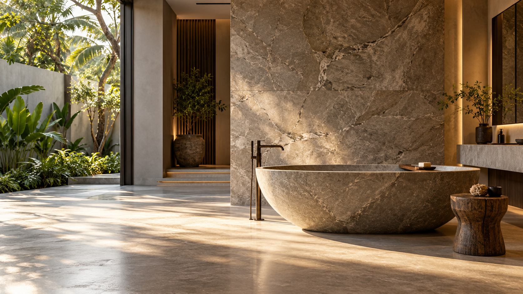 Contemporary bathroom with stone walls and a freestanding tub