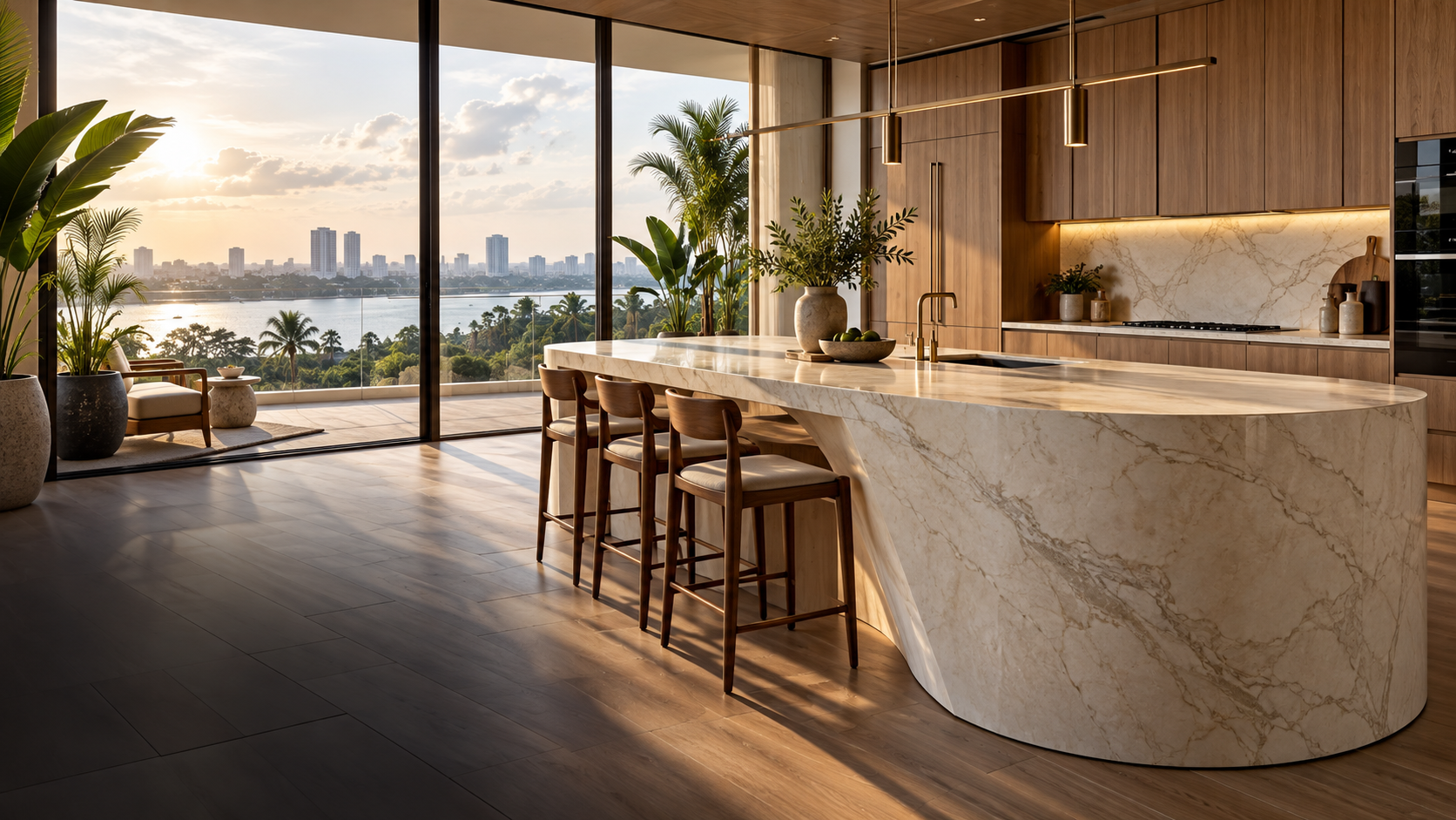 Contemporary kitchen with a sculptural stone island